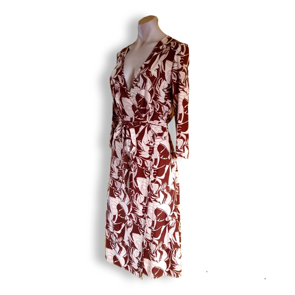 Vintage Y2k, Small, Decjuba, brown + cream, long-sleeve, knee length, wrap dress - Picture 2 of 7